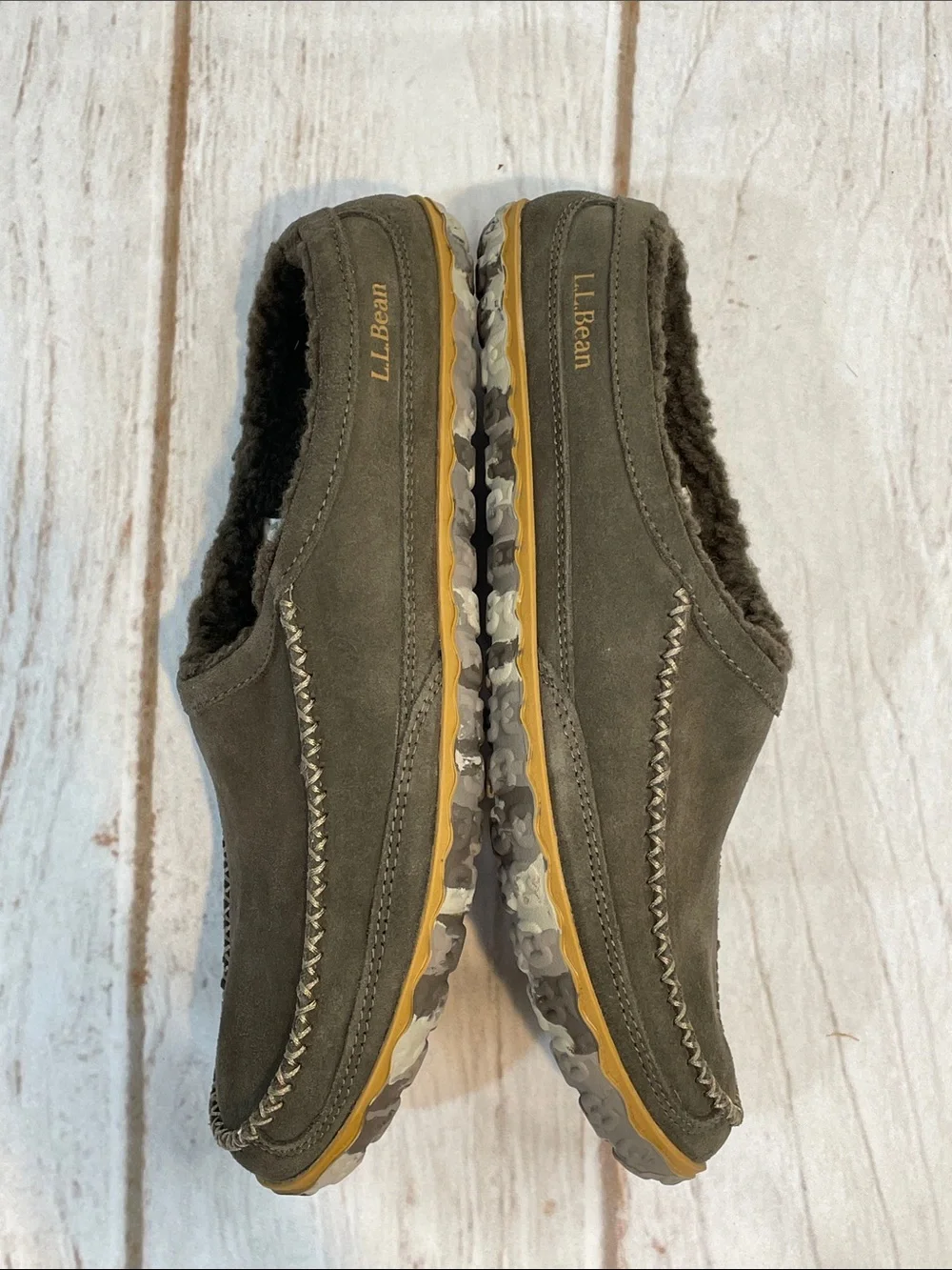 L.L. Bean Mens 10 Suede Slippers Grey Shearling Slip-On Loafers Low Back Cozy